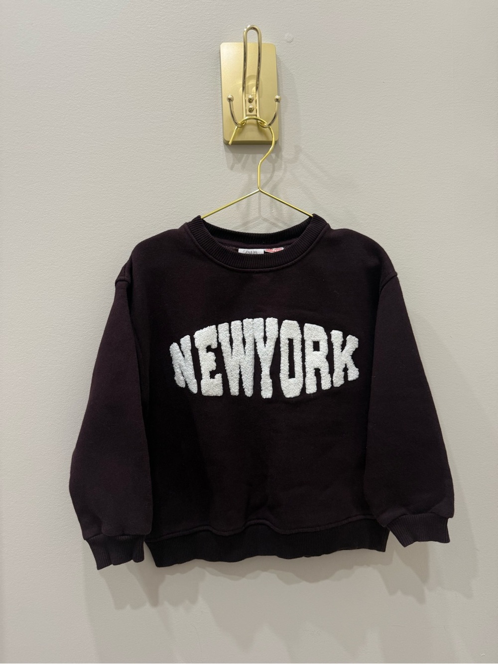 Zara Black Crewneck Sweater with White "NEWYORK" Chenille Lettering
